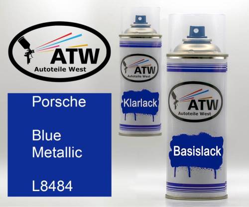 Porsche, Blue Metallic, L8484: 400ml Sprühdose + 400ml Klarlack - Set, von ATW Autoteile West.